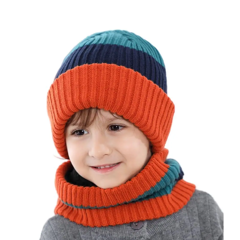 

New Knitted Hat Children 2023 Winter Beanies Caps Baby Neck Suit Striped Wool Hats With Bib 10 Colors