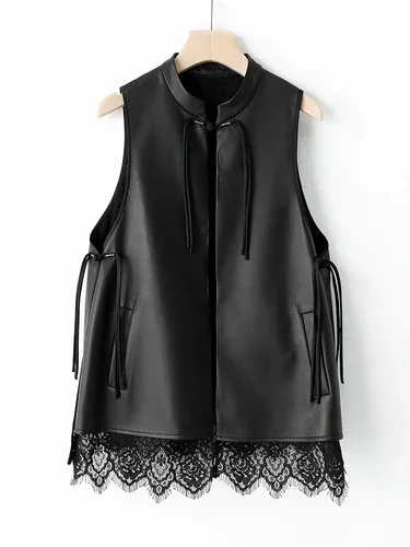 thumbnail image 1 of Chaqueta de piel auténtica sin mangas con cuello alto para mujer, tendencia 2024, abrigo de piel de oveja auténtica con forro de encaje de doble cara, 1 of 5