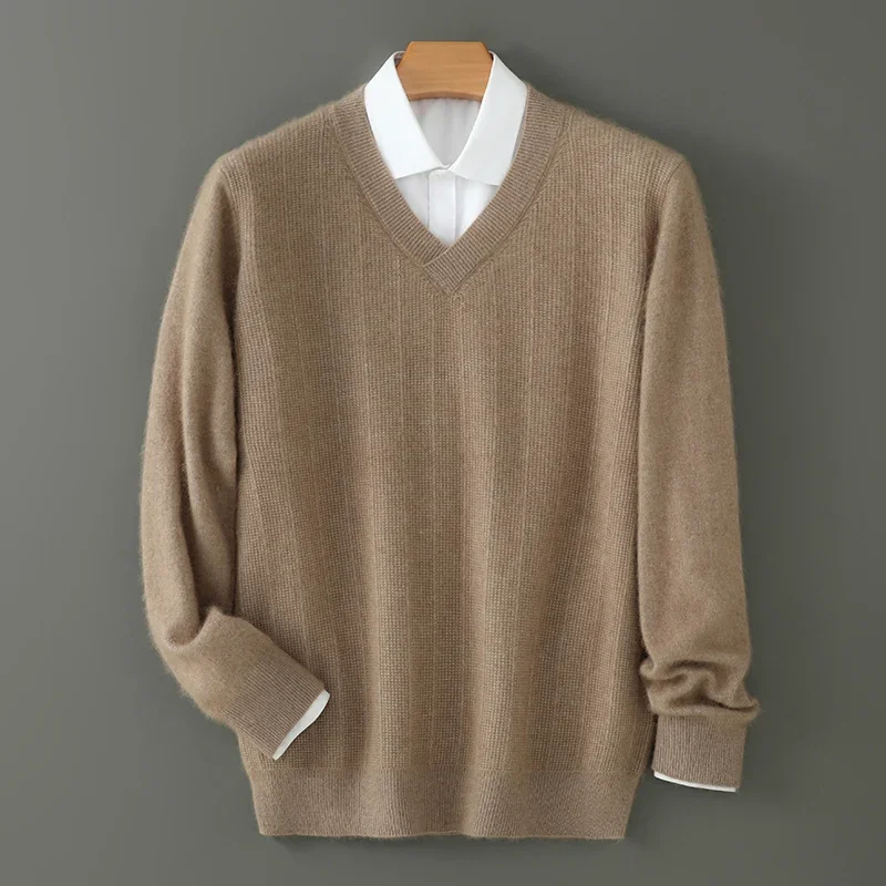 Men's V-neck Wool Sweater, Thick and Loose Pullover, Underlayer Knitted Sweater, Korean Version, Autumn and Winter 6