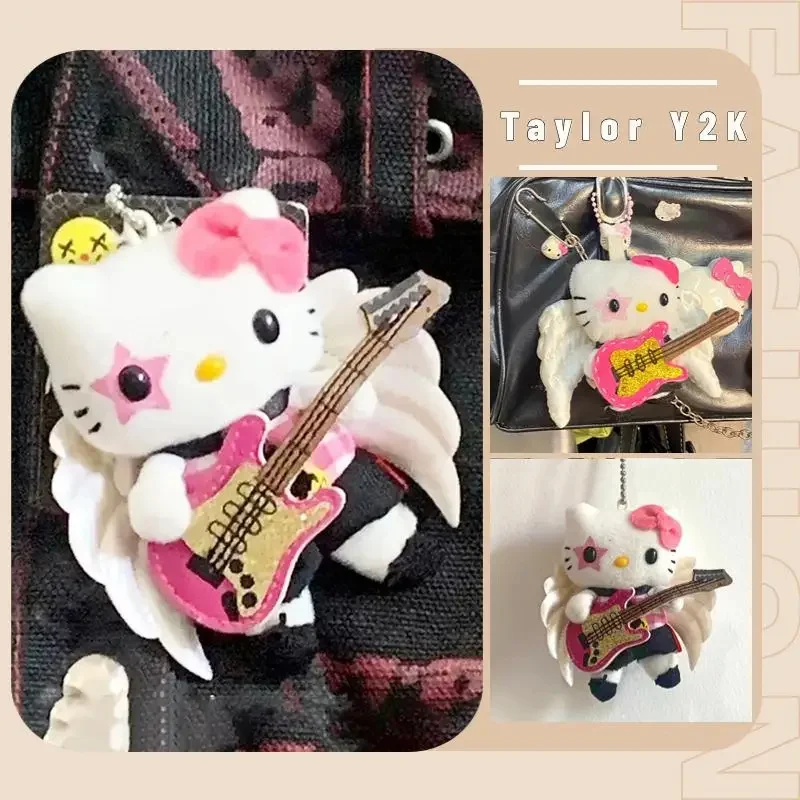 

Sanrio Hello Kitty Plush Pendant Anime Figure Y2K Girls Black Leather Doll Backpack Accessories Cartoon Guitar Angel Keychain