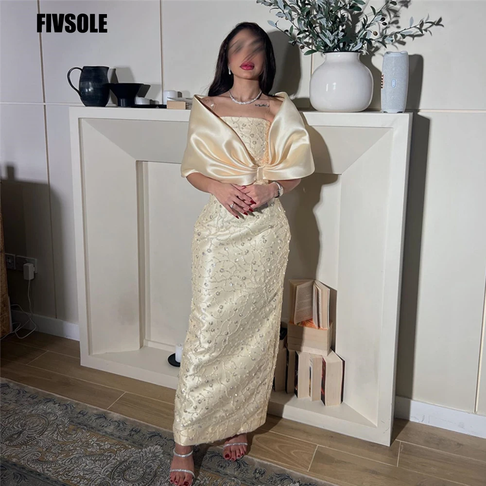 

Fivsole Champagne Mermaid Evening Dresses Sparkly Sequins Saudi Arabia Prom Gown Back Split Elegant Satin Vestidos De Fiesta