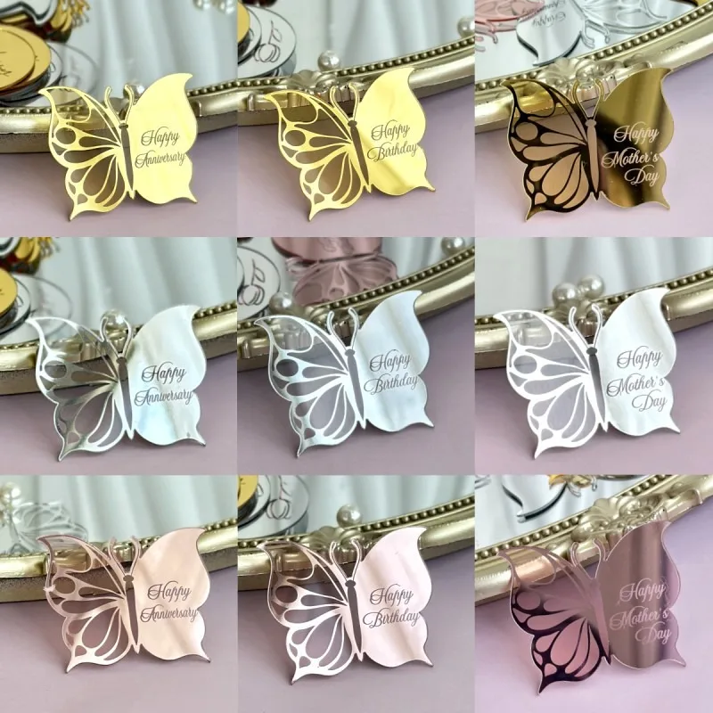 Butterfly Shape Happy Birthday Acrylic Cake Cupcake Toppers Mirror Acrylic Happy Mother's Day Anniversary Wedding Decor cake topper cake toppers cake decorations birthday party supplies party decorations cupcake supplies 10pcs