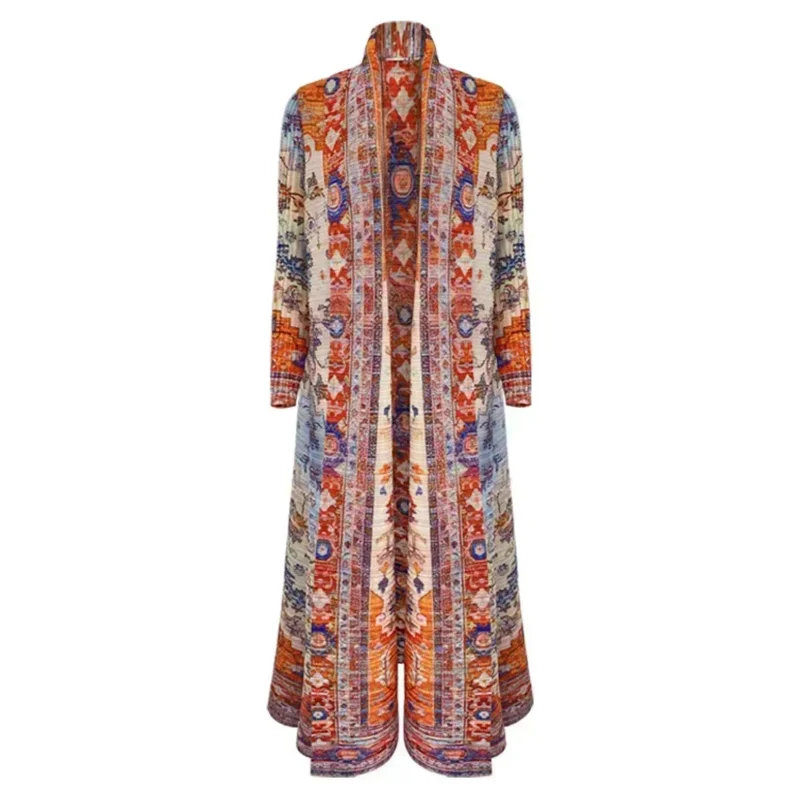 Miyake Pleated  Turn-down Collar Long Sleeve Long Jacket Women 2023 New Vintage Printed Design Plus Size Coats Clothing