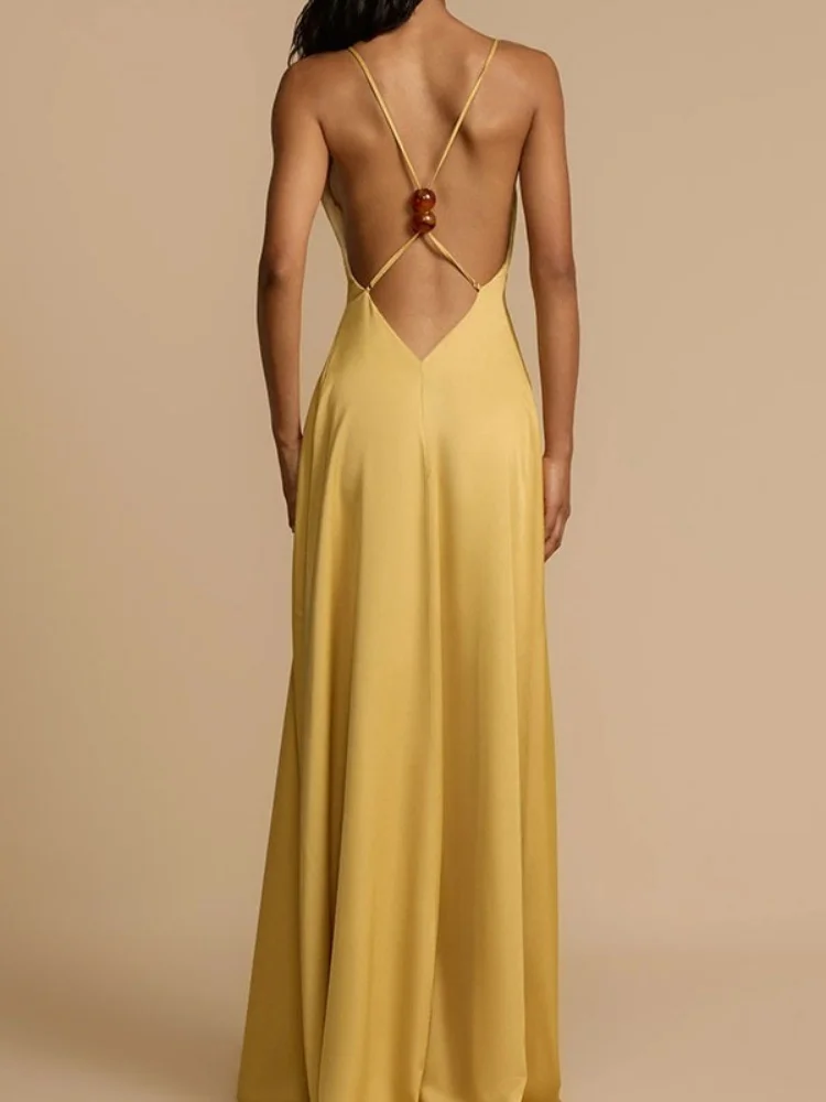 Wmstar Dresses for Women Wholesale Summer Sexy Backless V Neck Satin Long Dress for Women Elegant Long Dress Dropshopping