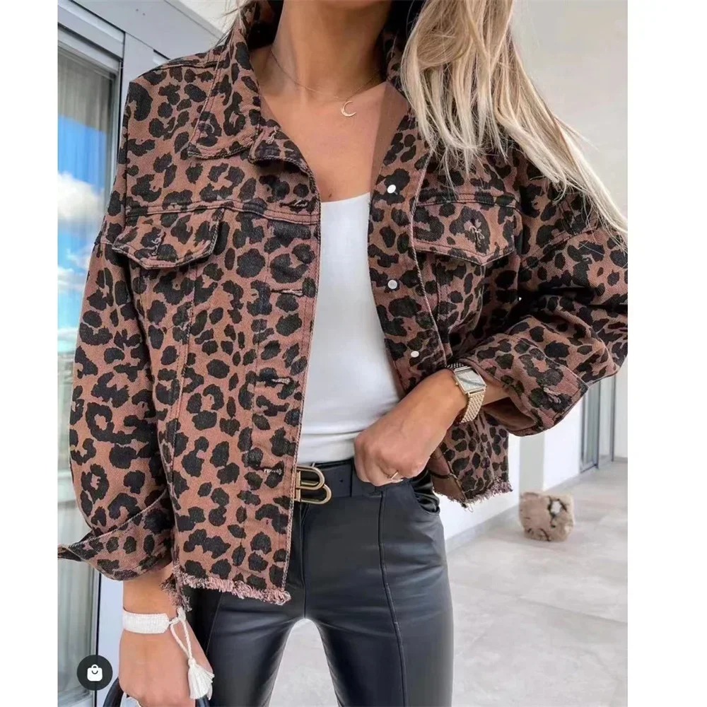 Vintage Jackets for Women 2024 New Leopard Demin Jacket Trendy Loose Long Sleeve Slim Winter Jacket Women Boyfriend Coats