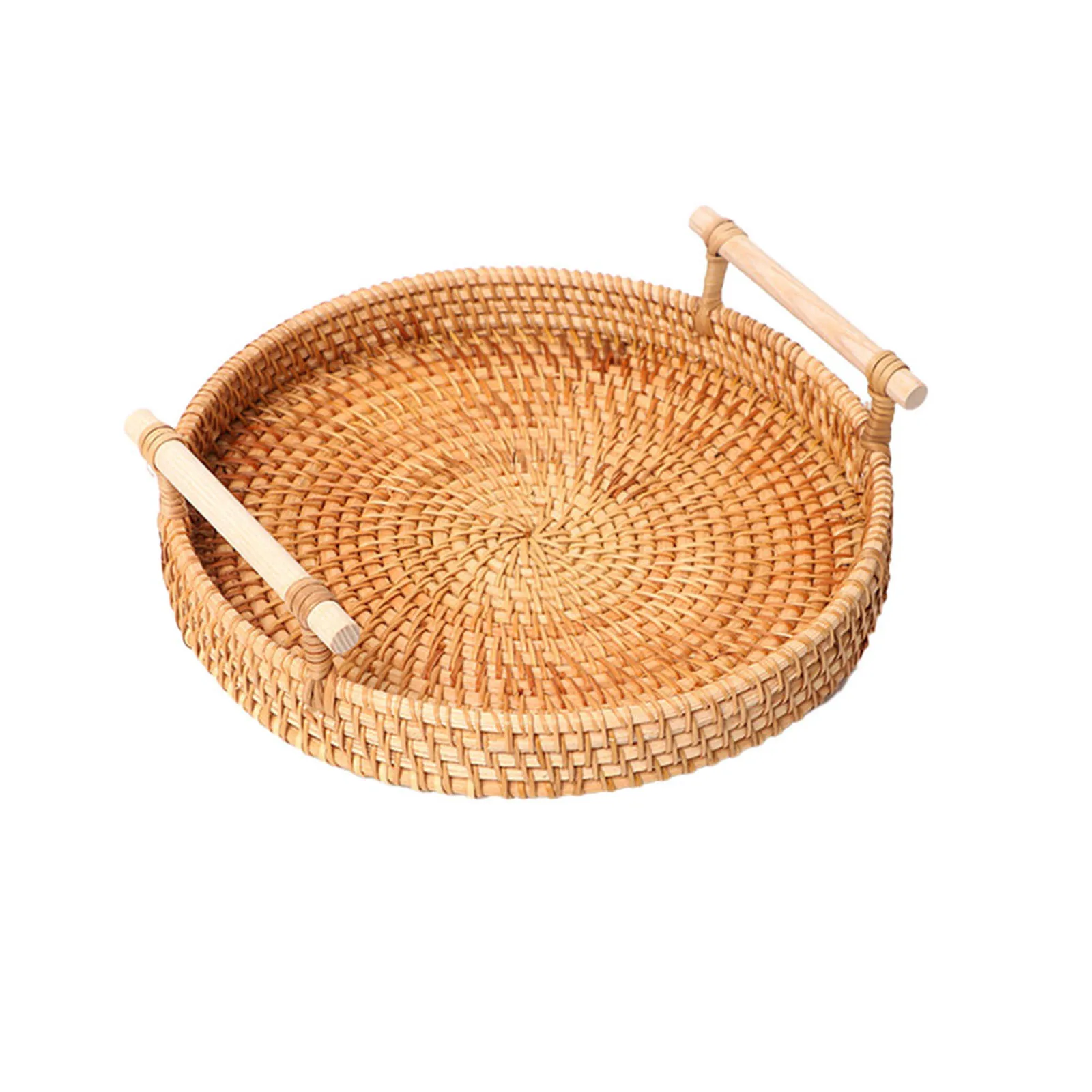 

Wicker Fruit Tray Round Rattan Storage Basket Tray With Handle For Bread Vegetable Fruit Cake Candy Food Plate Serving Tray