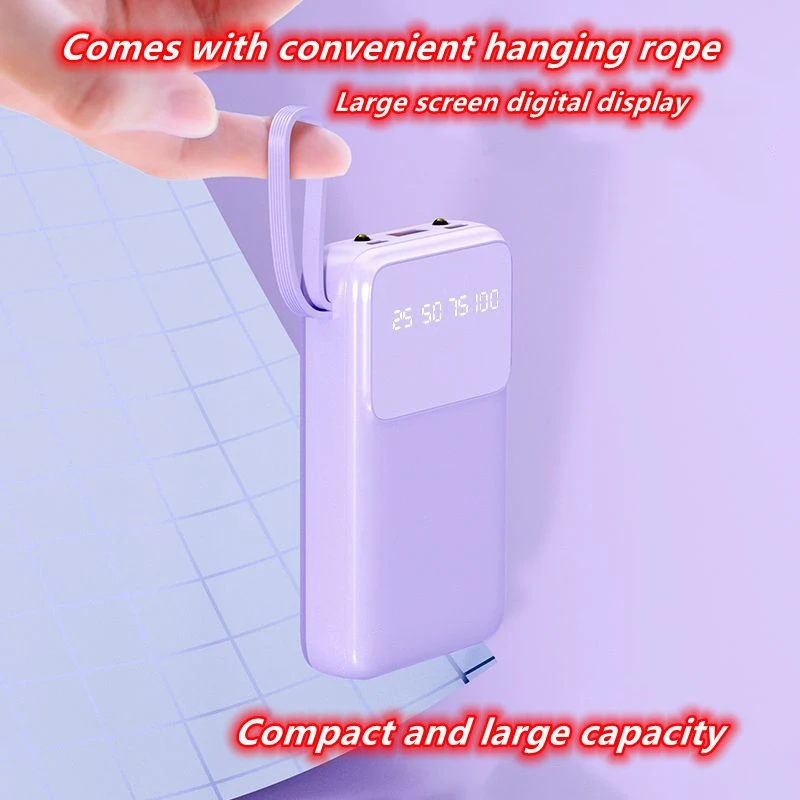 

2024 New 20000mAh Comes with 3-wire large capacity power bank, mobile fast charging power supply, suitable for USB fan