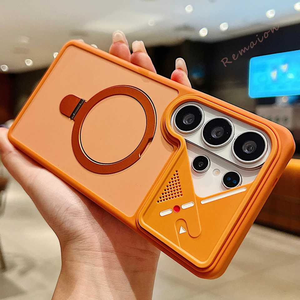 Luxury Matte Magnetic Phone Case with 360° Rotating Stand and Mech Style Design