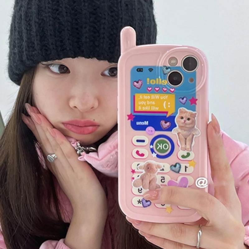 Korea Y2K Pink Illustration Cute Cat 3D Cellphone Case For iPhone 14 13