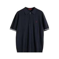 Men's Summer Ribbed Knit Polo Shirt - Breathable & Cool Textured Design - S (Navy Blue)