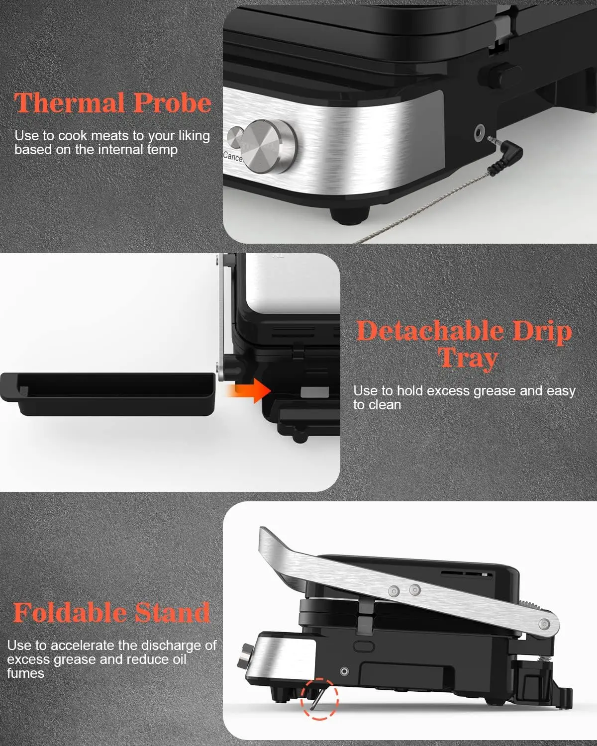 Press Grill Sandwich Maker with Removable Plates, 5 in 1 Smokeless Indoor Grill & Griddle with Meat Thermometer, CATTLEMAN CUISI 5