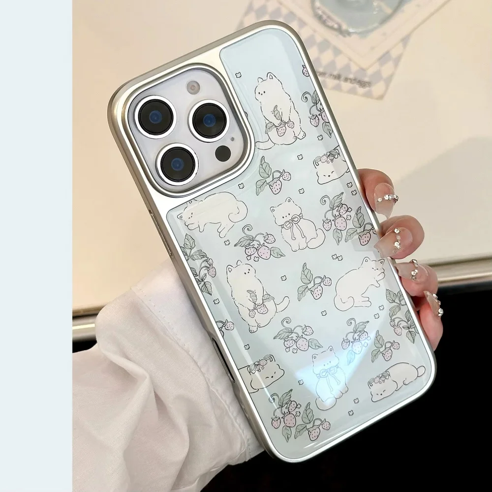 Cute Korean Strawberry Kitten Electroplated Phone Case with Drip Glue Finish