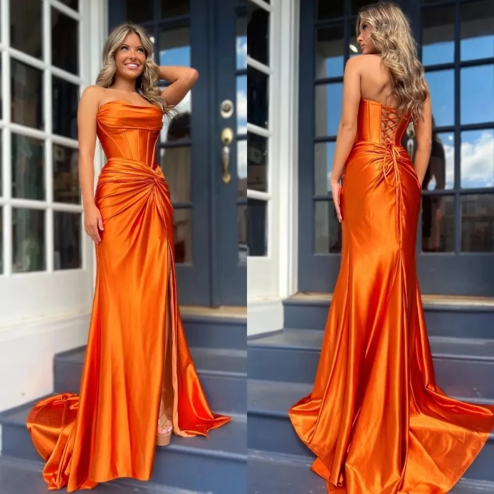 

Sexy orange mermaid prom dress strapless formal evening dresses elegant split pleats party gowns for special occasions robe de