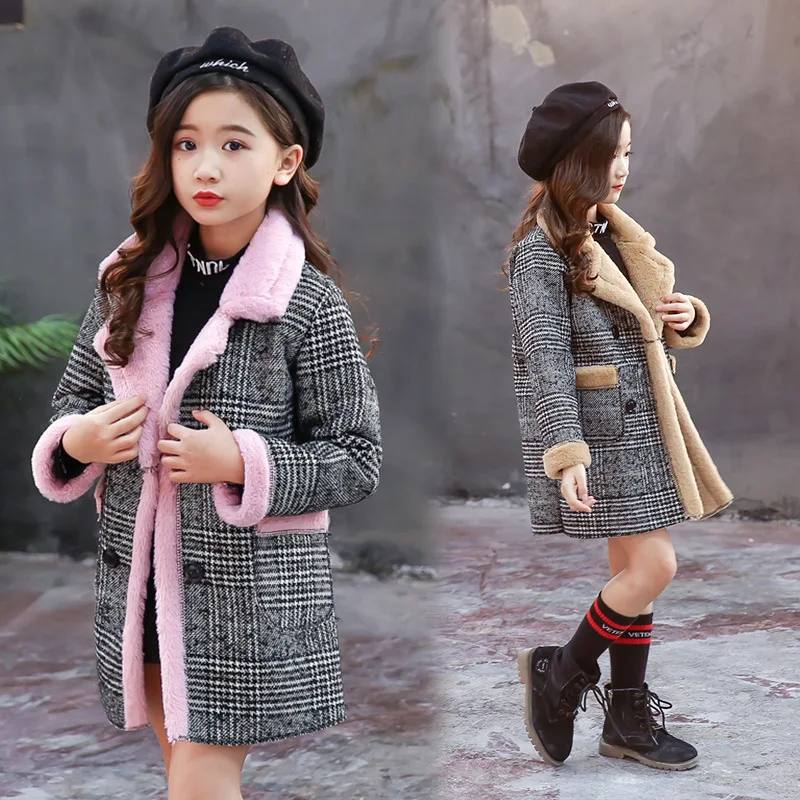

Замшевое пальто для девочек, длинное теплое клетчатое шерстяное пальто для девочек, плотное детское бархатное утепленное пальто, детская стеганая куртка