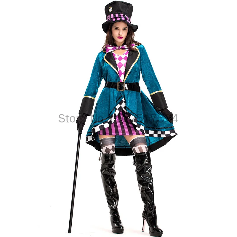 Donne Adulte Miss Mad Hatter Fancy Dress Halloween Gothic Deluxe Ladies Alice Nel Paese Delle Meraviglie Cosplay Fancy Dress Con Cappello Suit 40