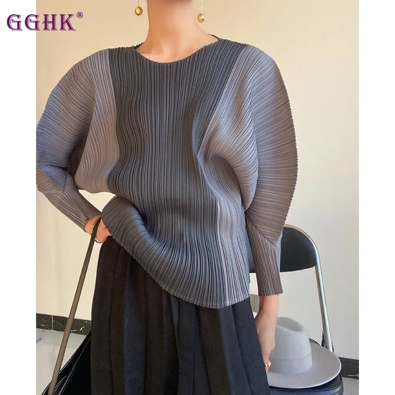 

Женская плиссированная футболка GGHK Miyake с длинным рукавом и круглым вырезом