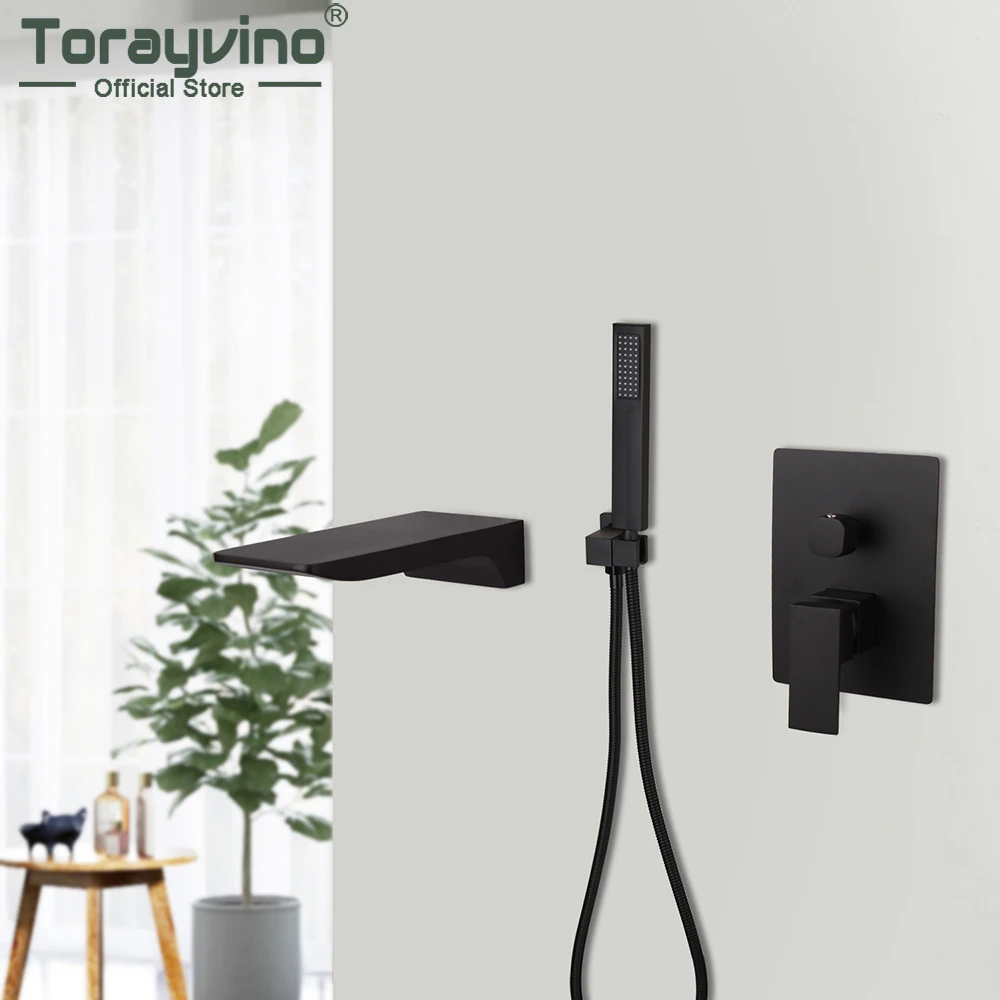 

Матовый черный смеситель Torayvino для ванной комнаты, кран «Водопад» с одной ручкой, настенный набор