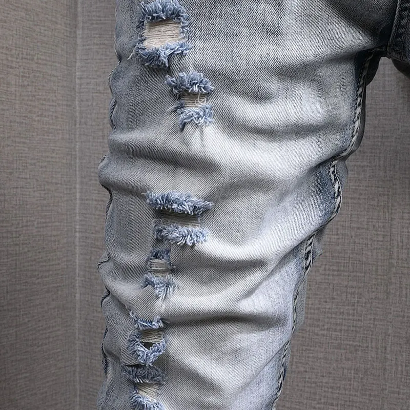 Newly Designer Fashion Men Jeans Retro Light Blue Elastic Slim Fit Destroyed Ripped Jeans Men Streetwear Hip Hop Denim Pants