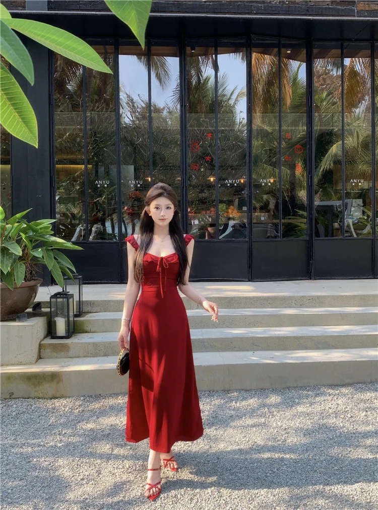 Spaghetti Strap Knitted Dresses for Women Lace-up Slim Solid Square Collar Elegant Sexy Korean Fashion Vestidos Mujer New
