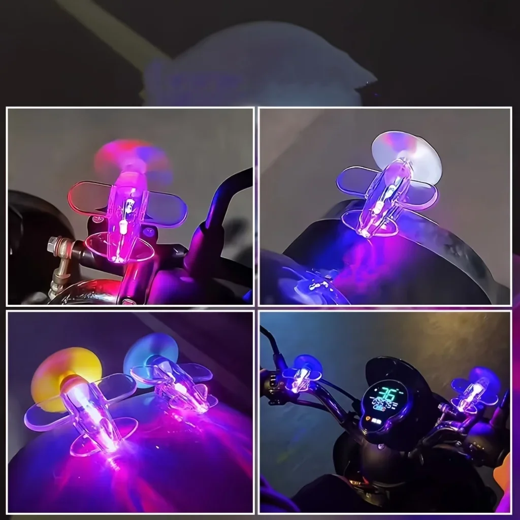 Motorcycle Car Rotatable Airplane Wind Powered Small Led Light Airplane Decor Car Styling Ornaments Bikes Bicycle Decorations