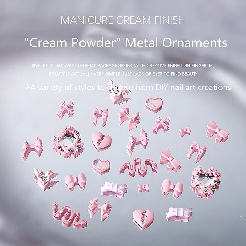 

5Pcs/set Cream Pink Metal Nail Decoration Bow And Heart Shaped Kawaii Girl Luxury Manicure Supplies 3D Nail Art Accessories