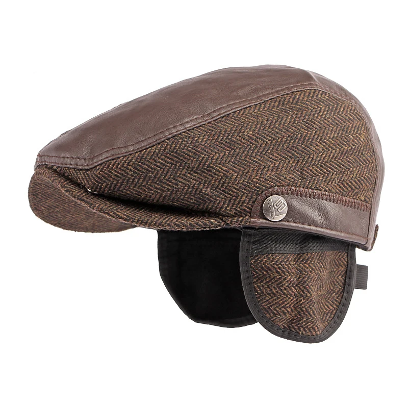

Autumn Winter Men Hat with Earflaps Newsboy Cap for Middle Age Elderly Leather Patchwork Herringbone Flat Peaked Cap for Dad
