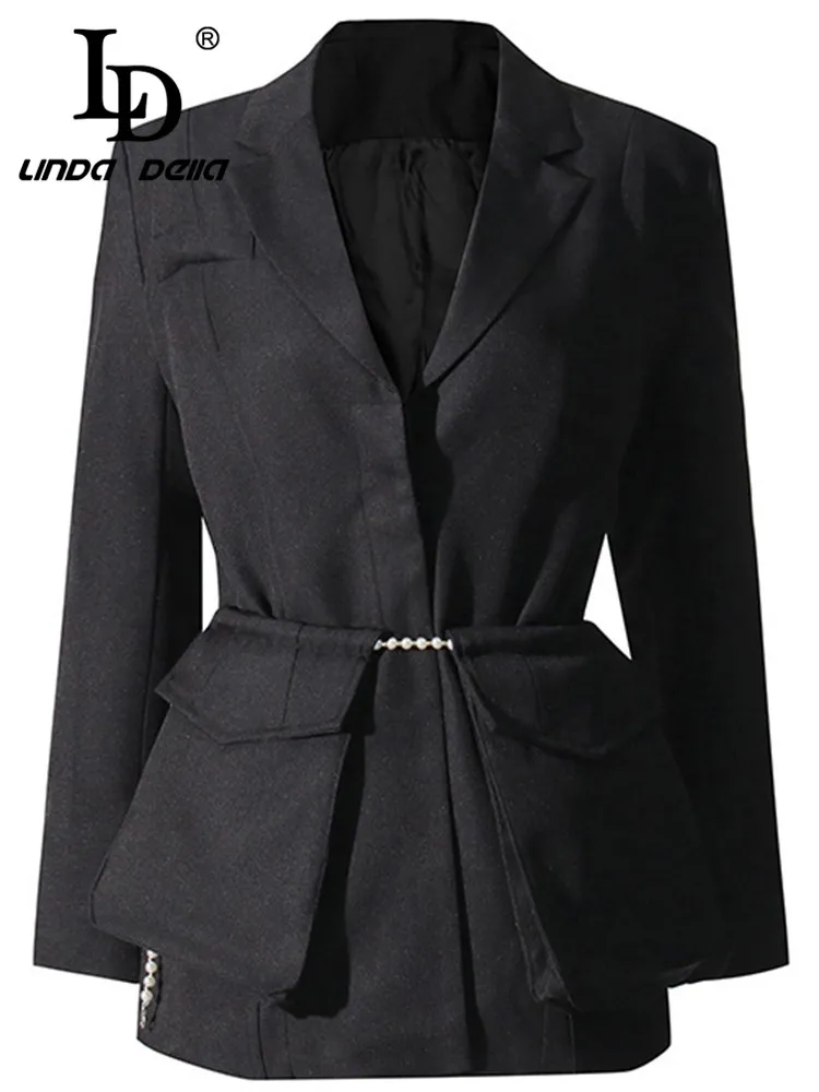 

LD LINDA DELLA 2024 Autumn Cheap Casual Coat Women's Black Long Sleeve Beading Hidden discount Multi-pocket Slim Fit Suit Coat