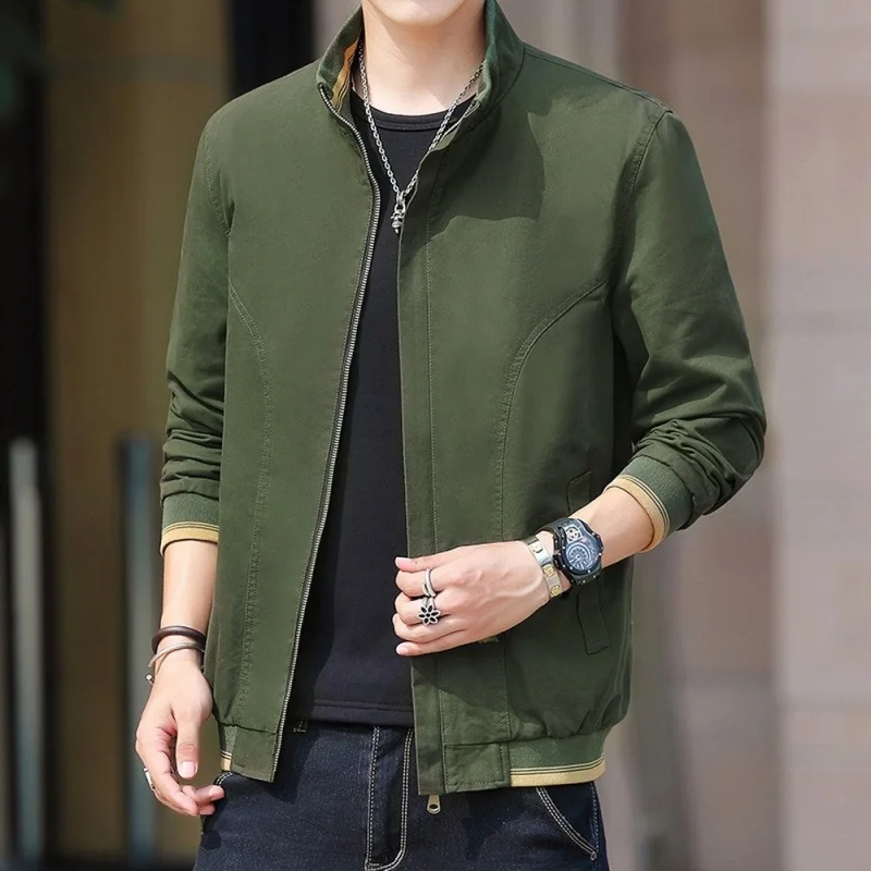 

Men's jacket military green casual jacket lightweight solid color spring with collar bomber jacket men's streetwear jacket zippe