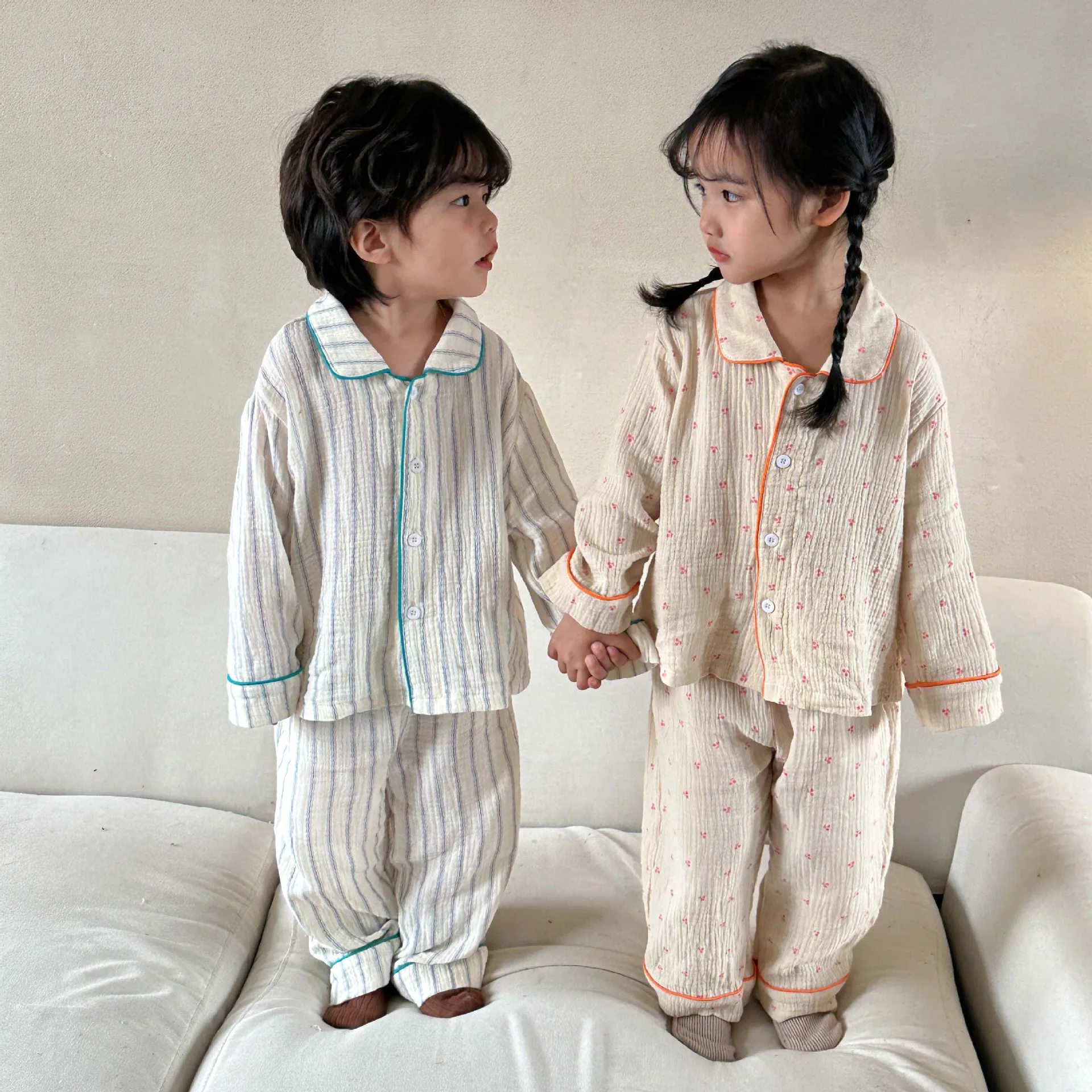 

Childrens Girls Pajamas 2024 New Spring Autumn Pure Cotton Gauze Baby Long Sleeved Set Soft Loose Toddler Girls Homewears