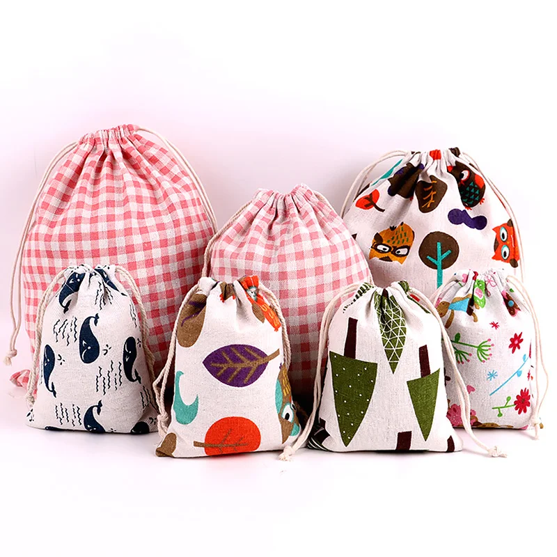 1PC Cotton Linen Fabric Pouch Drawstring Bag Cute Animal Plant Print Kids Travel Cloth Shoes Storage Bag Makeup Case Gift Bag 4