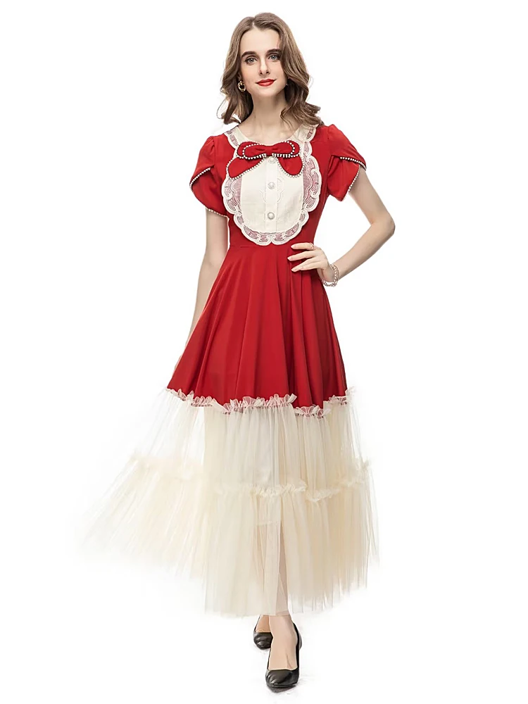 

Slim Black High Quality Summer Women'S Red Fashion Mesh Nail Bead Party Elegant Chic Casual Celebrity Runway Luxury Long Dress