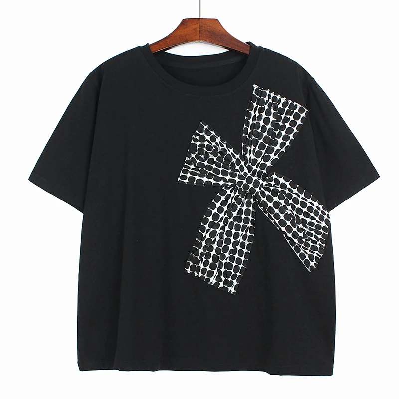 

220534 Women Black Plaid Bow Big Size Casual T-shirt New Round Neck Short Sleeve Fashion Tide Spring Summer 2022