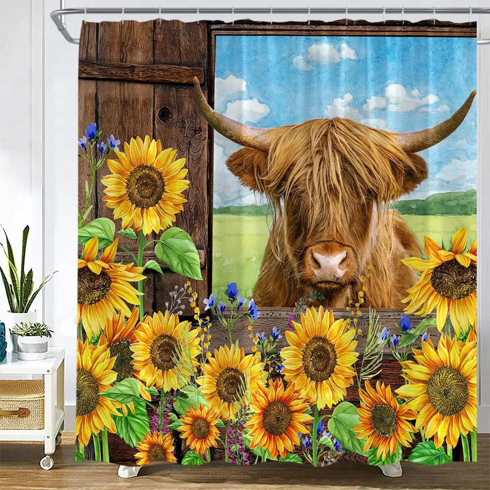 Highland Bovini Tende Da Doccia Rustic Farm Animal Cow Brown Wood Board Girasole Giallo Viola Flower Fabric Set Di Decorazioni Per Il Bagno
