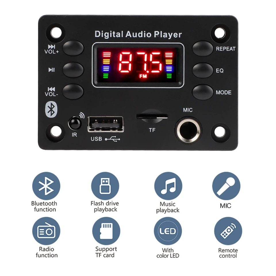thumbnail interactive-video image 1 of DC 12V MP3 Player Decoder Board Bluetooth 5.0 LCD Screen WMA WAV TF USB 1 of 14