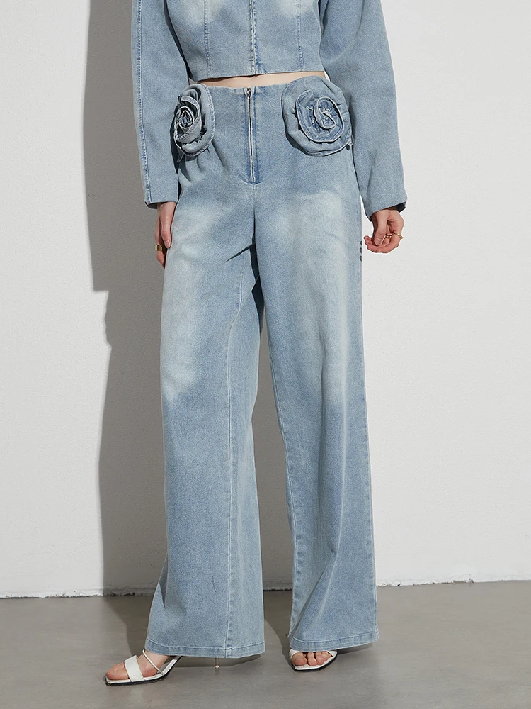 TWOTWINSTYLE Patchwork Appliques Loose Csual Denim Pants For Women High Waist Spliced Zipper Straight Leg Jeans Female Fashion