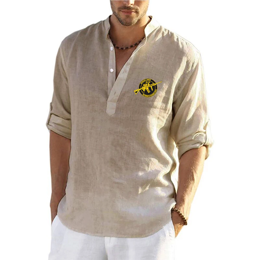 Summer Mens Graphic Long Sleeve V Neck Flax Shirt