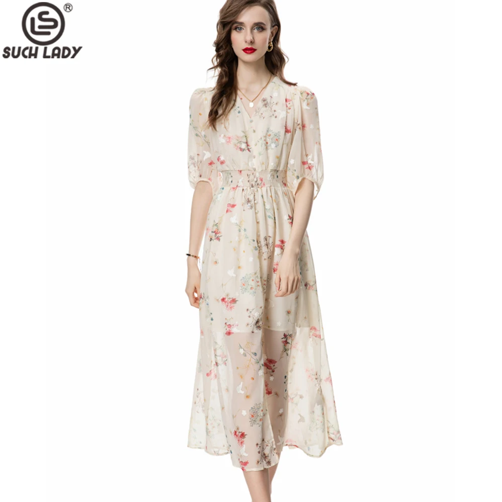 

Women's Runway Dresses Sexy V Neck Half Sleeves Floral Printed Elegant High Street Casual Mid Everyday Vestidos