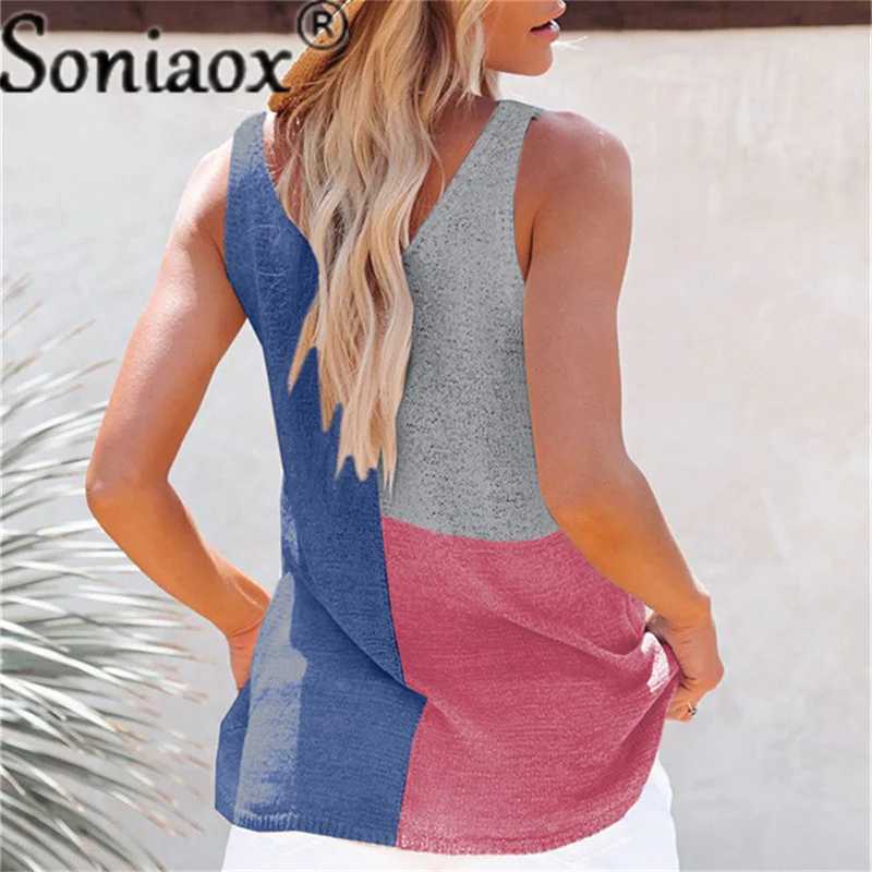 2022 Summer Women's Stitching Tank Top Urban Casual Streetwear Contrast Color Collar Wide Loose Vest Sleeveless Pullover T-Shirt silk camisole