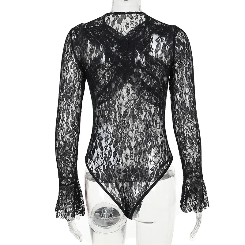 BKLD Autumn New Sexy Transparent Slim Fit Long Sleeve Tops Lace Cross Black Bodysuits Nightclub Outfits Clothes For Women