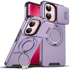 Heavy Duty Magnetic Metal Ring Phone Case - Shockproof Rugged Armor with Slide Camera Protector for Vivo V60 Lite 5G (PURPLE)