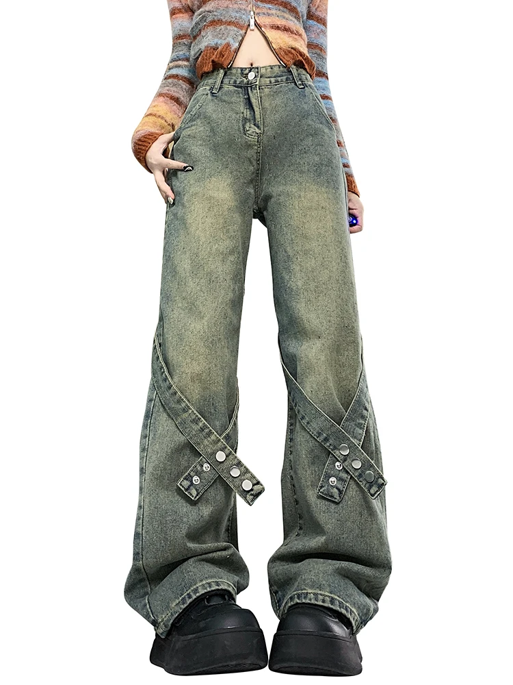 

Vintage Washed Retro Straight Wide Leg Pants Loose Jeans Women Japanese 2000s Style Y2K Fashion Cargo Baggy Jeans Denim Trousers