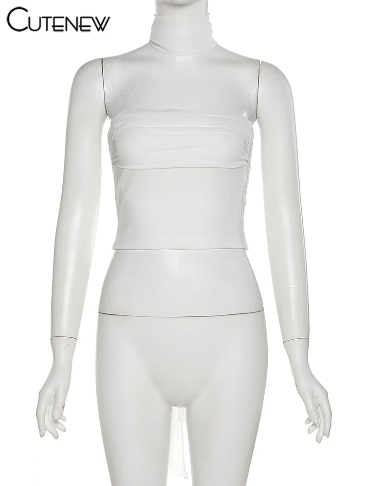 Women's White Ruffled Bustier Vest Shapewear Slim Undershirt Hanging Neck Silk Scarf Top Summer Clothing For Women