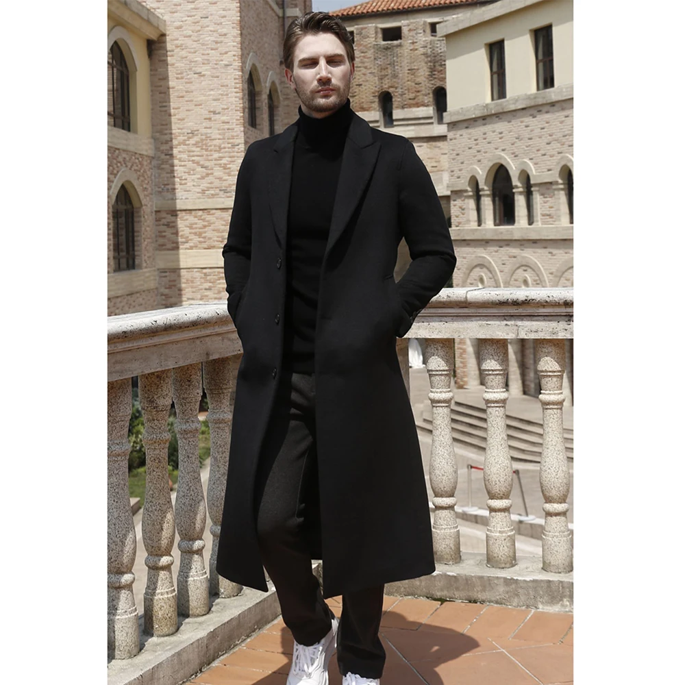 Men Suits Blazer Classic Peak Lapel Double Breasted Wool Long Jacket 1 Coat