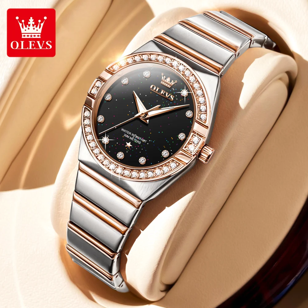 

OLEVS Quartz Watch for Women Luxury Stainless Steel Starry Sky Diamond Dial Waterproof Luminous Ladies Wristwatches Gift Box Set