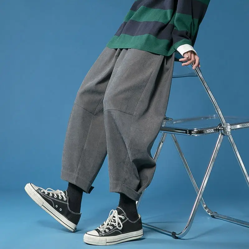 Spring Autumn New Solid Color Fashion Elastic Waist Wide Leg Trousers Man High Waist Pockets Patchwork Loose Ankle Length Pants