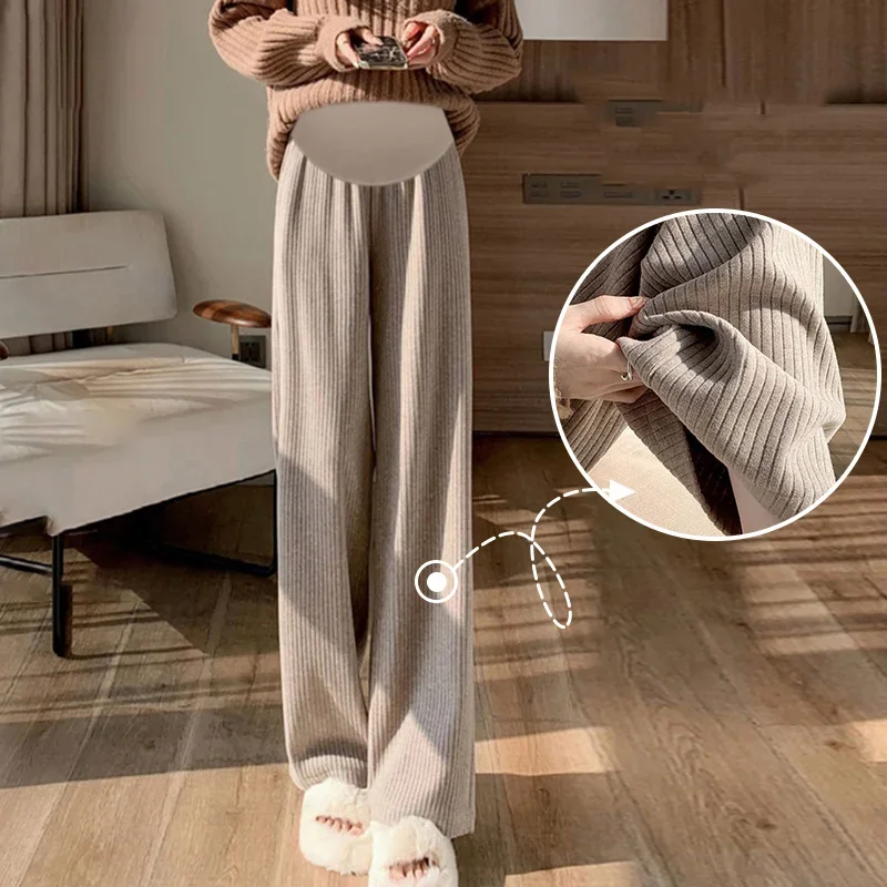 Pregnant Women Pants Knitted Wide Leg Trousers Pring Plush Thickened New Straight Tube Drape Casual Maternity Clothes 3