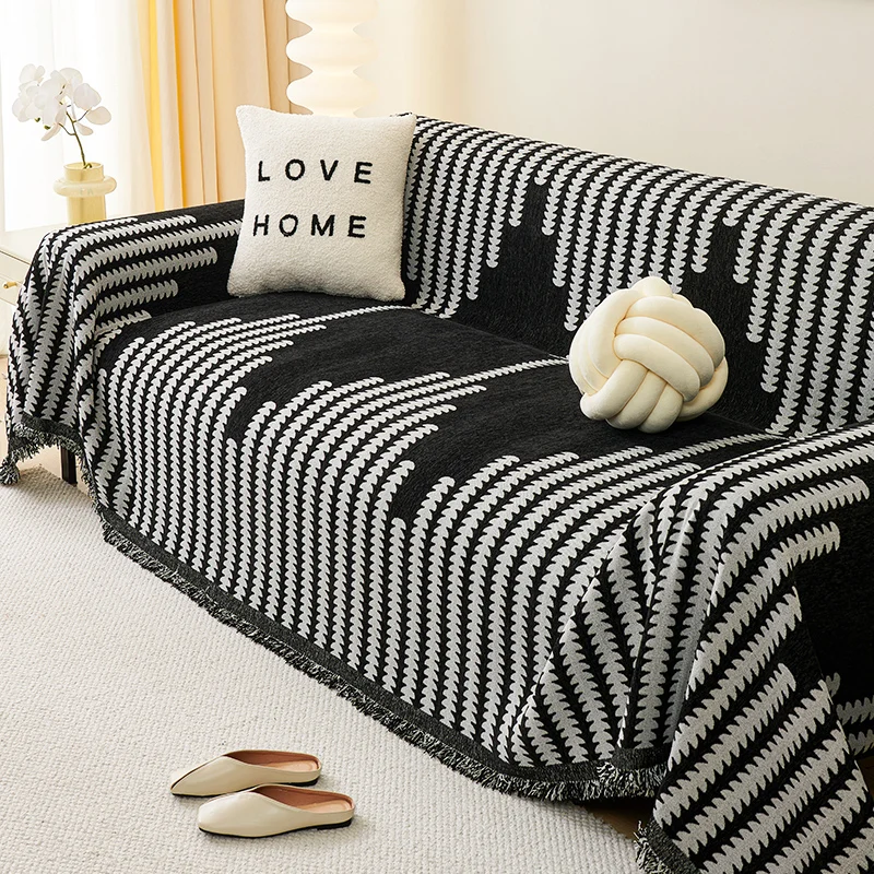 

Nordic Black Tassel Throw Blanket Single Full Four Season Cotton Sofa Cover Dust Anti-cat Scratch Protection Cover Sofa Blanket