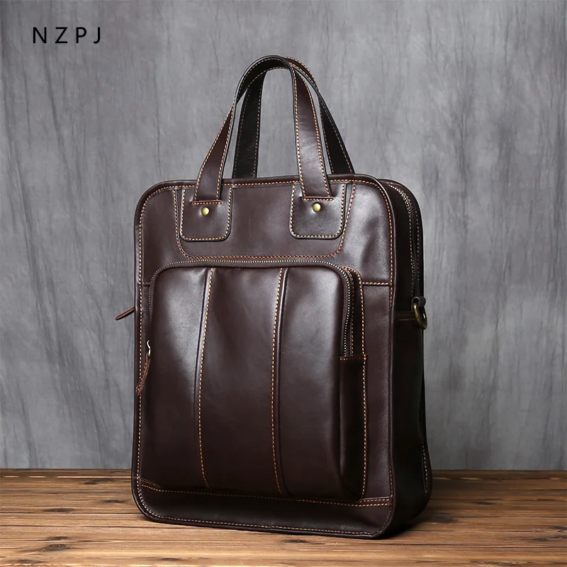 NZPJ Retro Leather Men's Briefcase Natural Cowhide Vertical Handbag Casual Shoulder Bag 15-Inch Laptop Compatible Men's Backpack