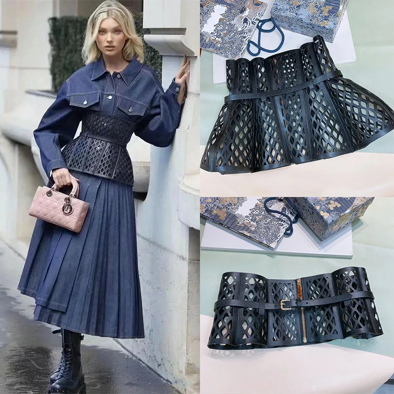 

Women's Cowhide Wide Waistband 2023 New Runway Black Hollow Out Zipper Cummerbund Vintage Slimming Body Shaping Girdle Belts
