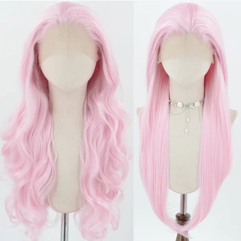 Parrucca Rosa con Pizzo Frontale 13x4 per Donne, Capelli Sintetici Lunghi Lisci e Ondulati, Resistenti al Calore, con Attaccatura Naturale, per Uso Quotidiano e Cosplay